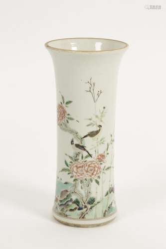 A CHINESE FAMILLE VERTE PORCELAIN GU VASE painted with birds amongst lush peonies