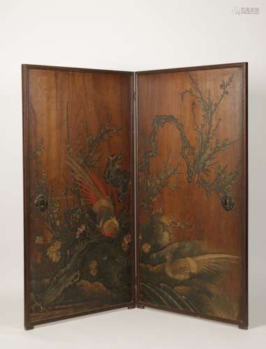 A JAPANESE TWO FOLD LACQUERED PINE ROOM SCREEN,