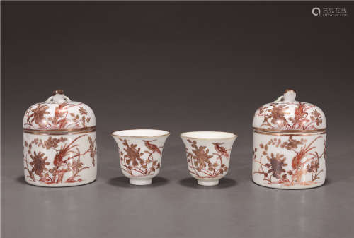 清  红彩描金花卉纹温酒壶 （一对） 清代其它彩釉瓷器