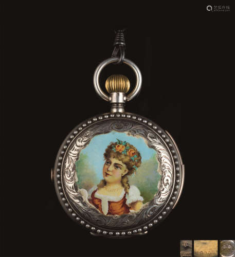 18世纪 银胎镶珍珠边双面画珐琅西洋贵妇人纹怀表