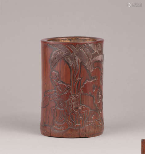 清早期(1644-1775) 施松年制竹刻蕉下仕女纹竹笔筒