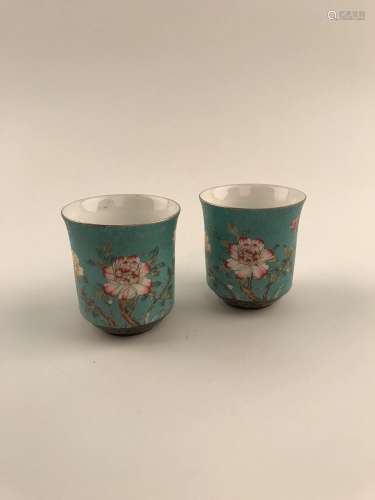 Pair of Famille Rose Tea Cups with Qianlong Mark