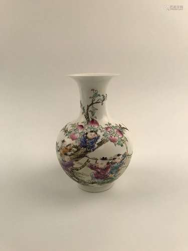 Fine Famille Rose Vase with Kids Climb Peach Tree with Qianlong Mark