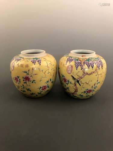 Pair of Famille Rose Yellow Jar