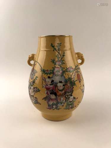 Chinese Yellow Glazed Vase with Childred Playing Design