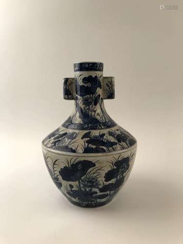 Chinese Blue and White Lotus Vase with Qianlong Mark