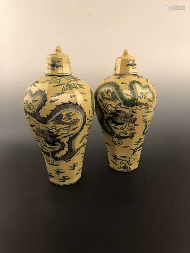 A Pair Chinese Yellow Glazed Vase with Kangxi Mark