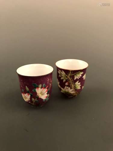 Pair of Flower Design Purple Cups with Qianlong Mark