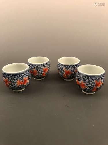 4 piece Blue and White Cup with Red Fish Design