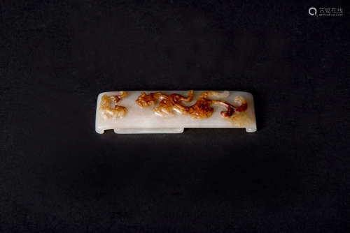 Ming, White Jade Belt Buckle Carved with Dragon on the Russet