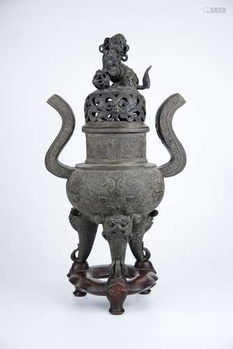 Ming, Tripod  Sandalwood Censer with Lion Finial as Cover