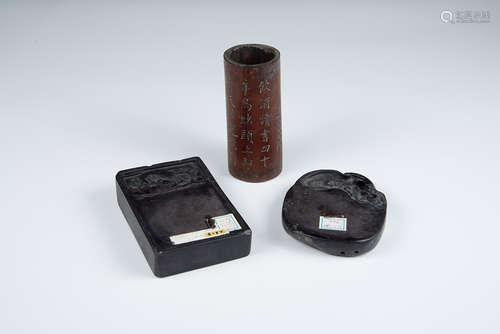 Qing, Two Inkstones and A Brush Pot