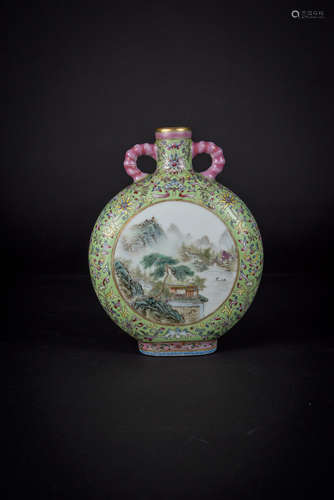 Republic Period, Famille-rose Moon Flask with Windows of Landscape and Poem Inscription