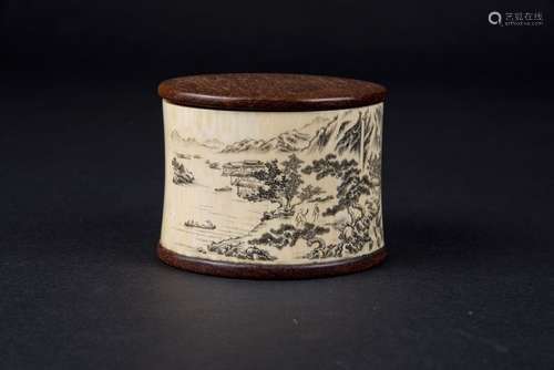 Carved Landscape Ivory Box with Cover