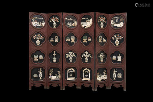 Qing, Six Lacquer Folding Screens Embellished with Jade  Plaques