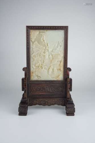 Qing, Carved Figural Jade Plaque Table Screen