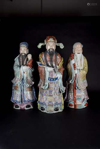 Republic Period,  Three Ceramic Figures of God of Wealth,  Fortunes and Longevity