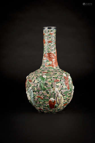 Qing, Guangxu Famille-rose Reticulated Carved Globular Vase with Eighteen Luohans