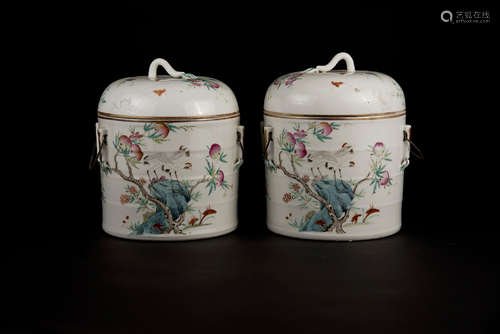 A Pair of Famille-rose Birds and Flowers Guan with Cover