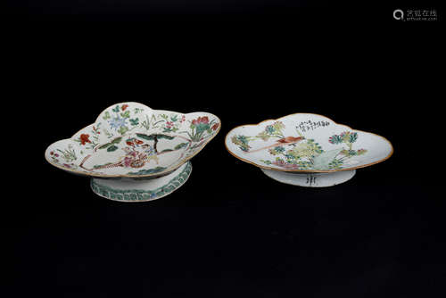 Qing, Two Famille-rose Birds and Flowers Stem Plates