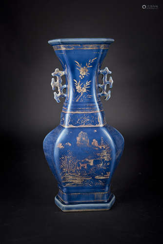 Qianlong, Blue-glazed with Gilt Landscape Vase