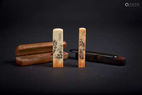 Two Ivory Micro-Carved Seals, with Landscape and Poem Inscriptions