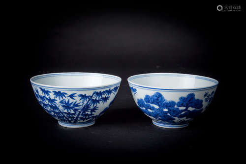 Guangzu, A Pair of Blue and White Pine, Bamboo and Plum Blossom Cup