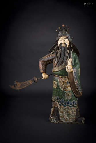 Qing, Cloisonne Lacquer Figure of General Guan Holding Sword