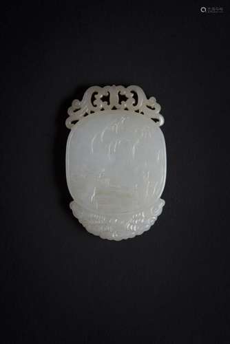 Qing, White Jade Figural Landscape Plaque