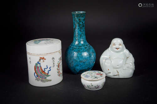 Group of Porcelain: Seal Paste Box, Green-glazed Vase and Luohan