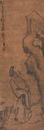 黄慎 石壁题诗图 绢本立轴