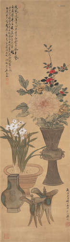 潘岐 1818年作 博古花卉 立轴 设色绢本