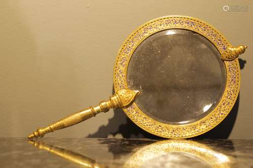 French Enameled Bronze Hand Mirror, Marked