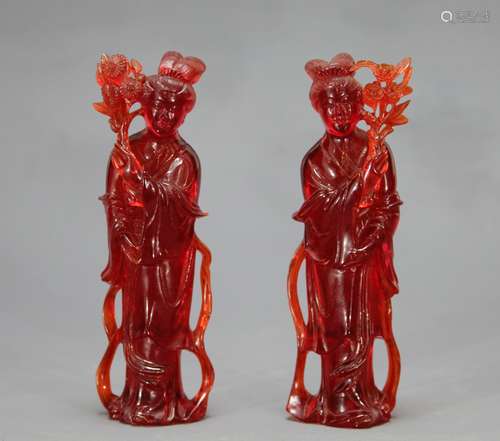 Chinese Amber Carving of Two Ladies