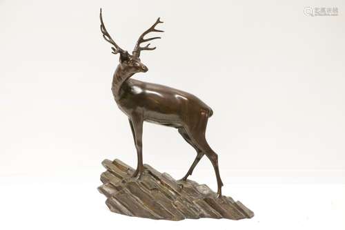 European Bronze Carving of a Deer, Signed