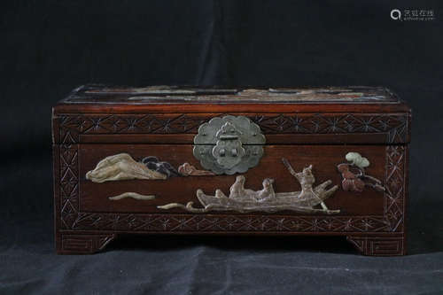 Chinese Hardwood Box w/ Soapstone Inlaid on 5 Side