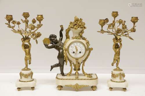 European Marble and Bronze Clock Set w/ Candelabra