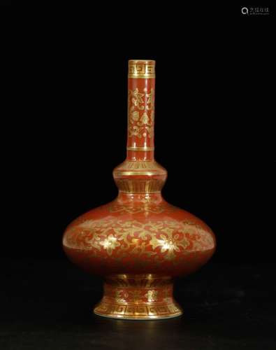 Chinese Irone Red w/ Gilt Tracery Porcelain Vase