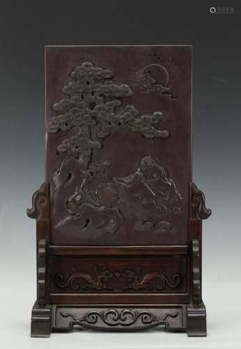 Chinese Stone Table Screen w/ Wood Stand