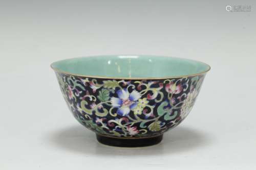 Chinese Black Underglaze Famille Rose Bowl