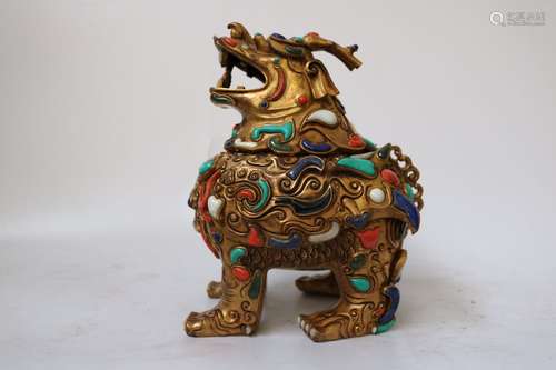 Chinese Gilt Bronze Beast Inlaid Gemstone