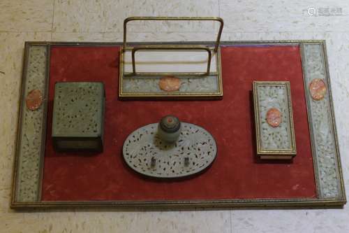 5 Pieces of Bronze Desk Set with Jade&Agate