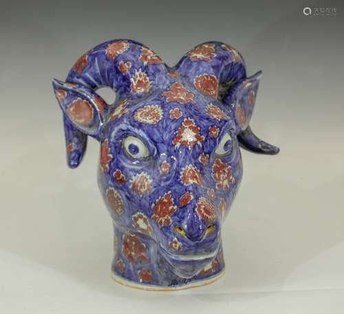 Chinese Blue/White Copper Red Lamb Head Statue