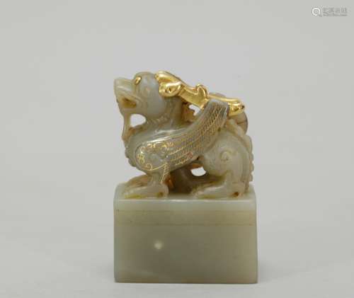 Chinese Jade Carved Beast w/ Gilt Tracery