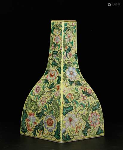 Chinese Famille Rose Square Vase, Marked