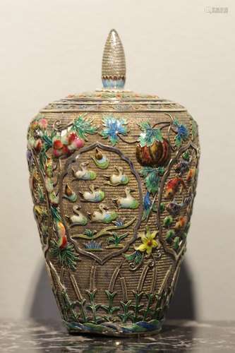 Chinese Silver Enamel Box, Marked