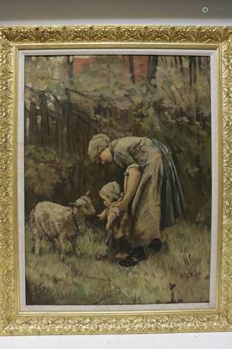 European Oil on Canvas of a Farmer Family