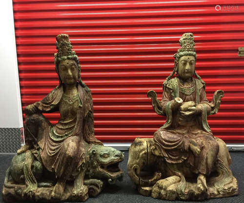 A Pair of Wood Carved Guanyin Statues