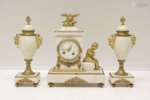 French Marble and Bronze Clock Set