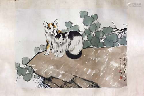 Chinese Water Color Painting on Paper, Two Cats